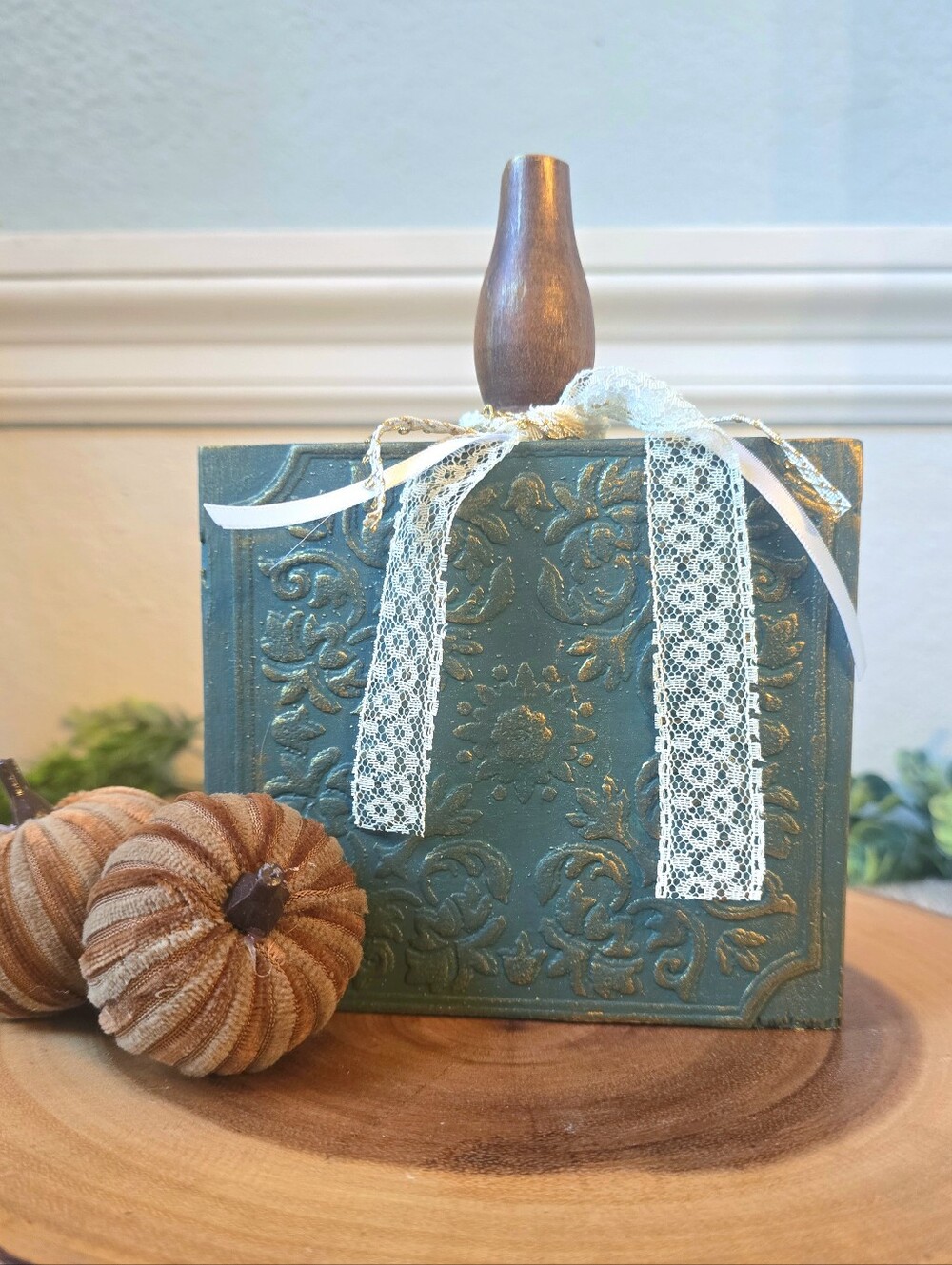 Green And Gold Wood Block Pumpkin | Rustic Fall Decor